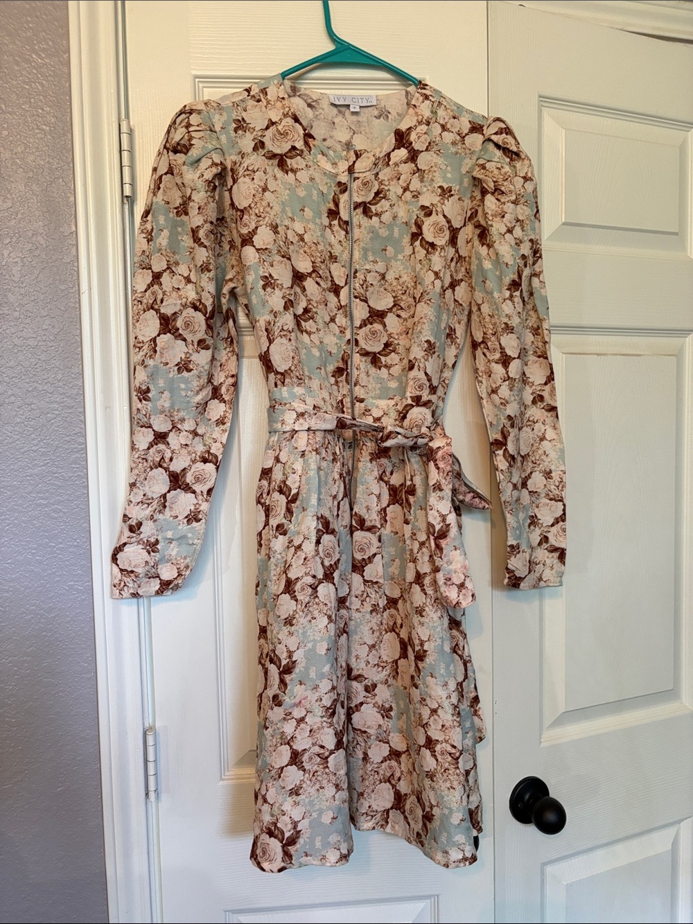 Ivy City Co Floral Long-Sleeve Oakley Dress in Light Blue and Brown